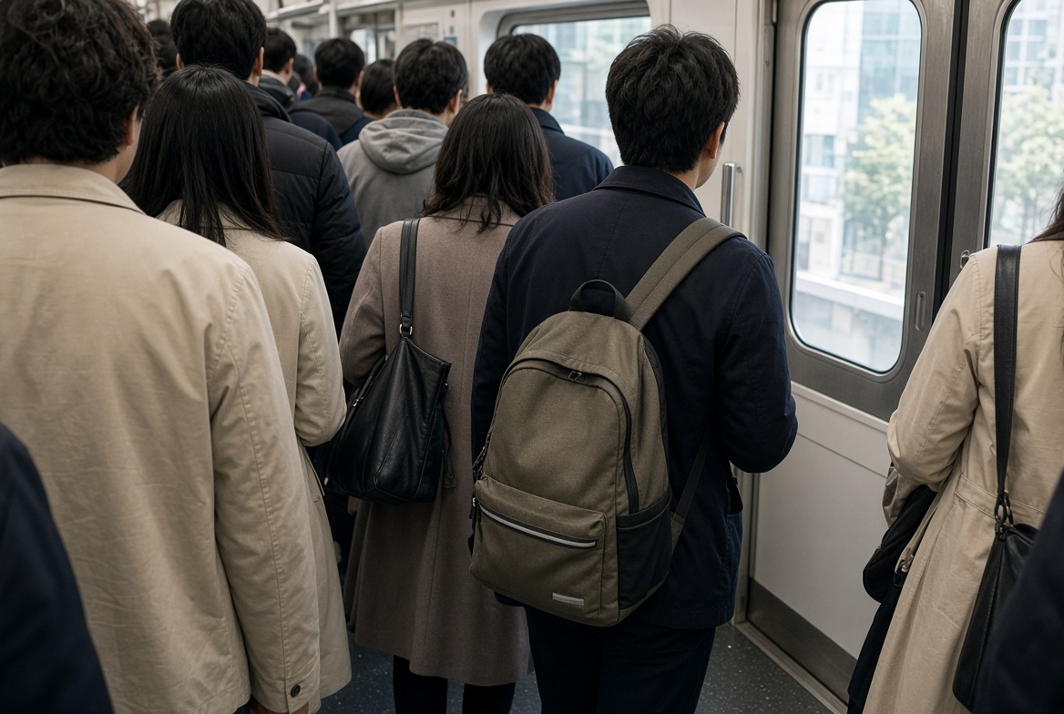 붐비는 지하철 안. 배낭을 멘 승객이 서 있는 사람들 사이를 비집고 문 쪽으로 이동하는 뒷모습.