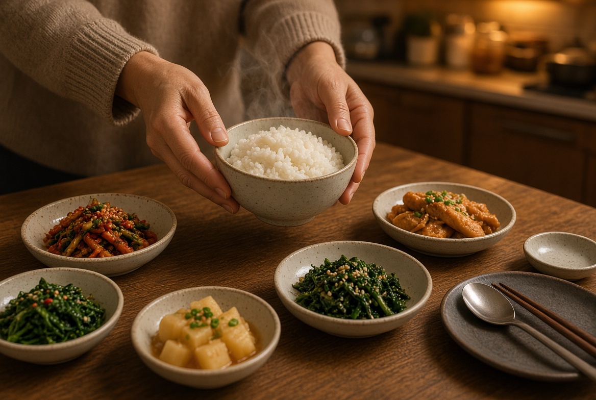 따뜻한 부엌 조명 아래, 반찬이 놓인 식탁 위로 김이 나는 밥 한 공기를 두 손으로 내려놓는 모습.